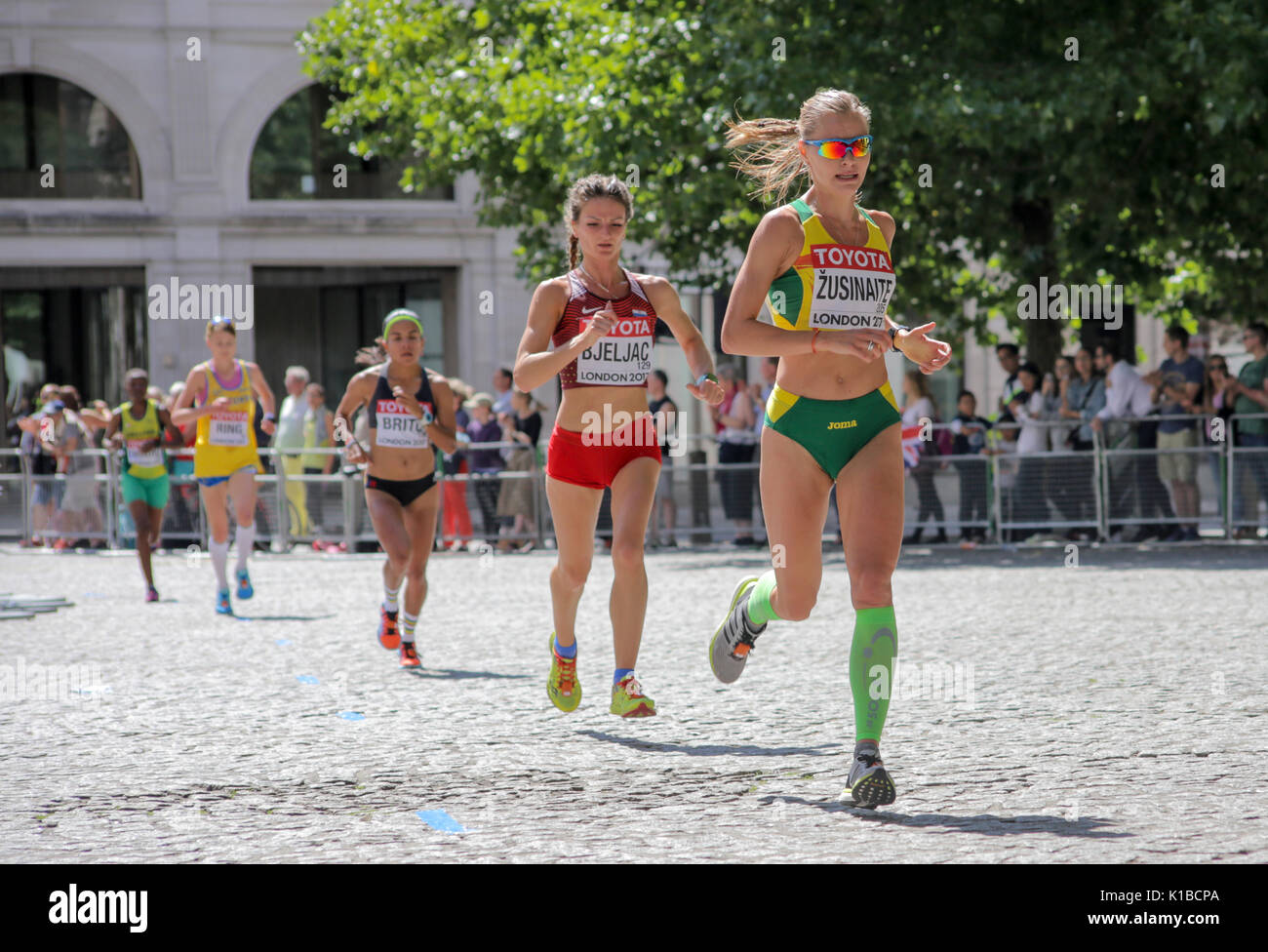 6 Aug '17 London:`Lithuanian and Croatian athletes Vaida Zusinaite and Bojana Bjeljac compete in 2017 World Athletics Championship women's marathon Stock Photo